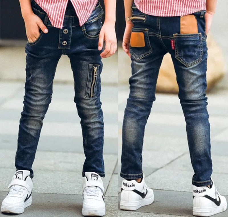 Boys stretch denim pants in denim blue with zipper pocket, soft cotton fabric
