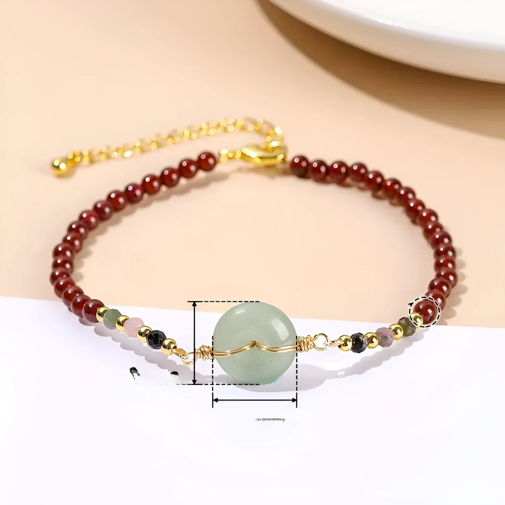 Chinese crystal agate bracelet with garnet safety buckle and round decorative elements
