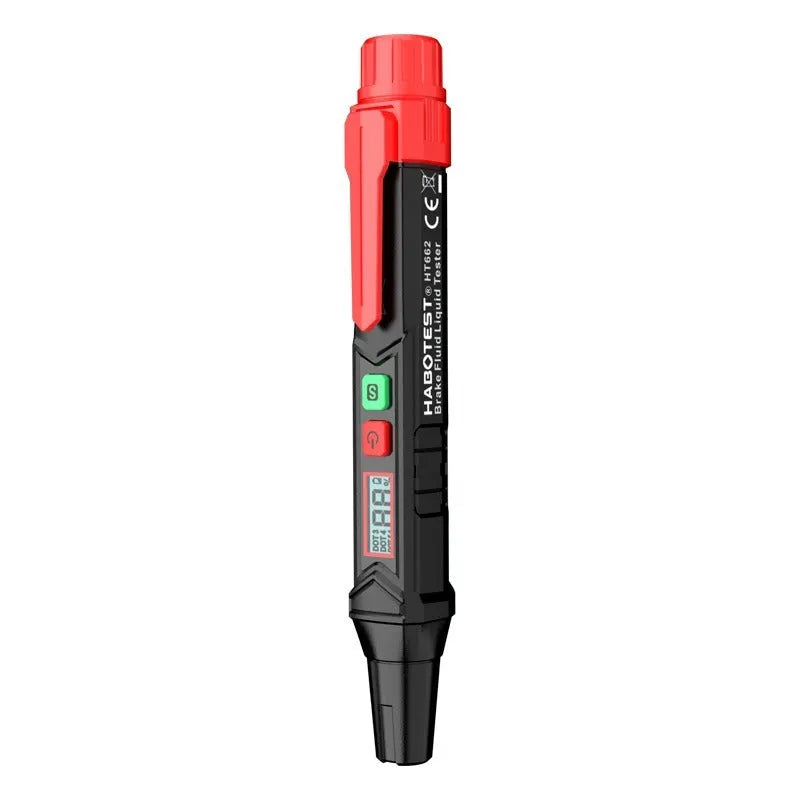 Digital display brake fluid tester pen with LCD screen on a workbench.