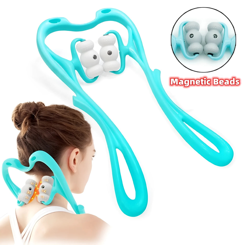 Blue handheld neck massager with 96 pressure point rollers for deep tissue relief