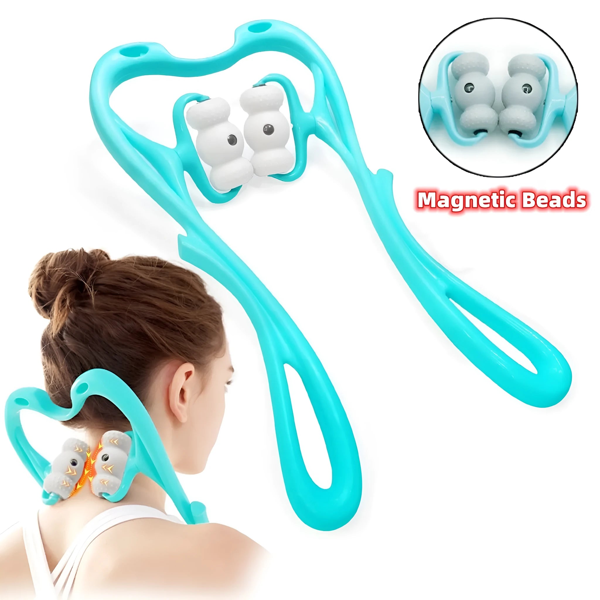 Blue handheld neck massager with 96 pressure point rollers for deep tissue relief