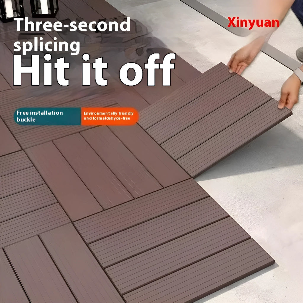 Set of ten square plastic floor tiles with wood grain texture in various colour options.