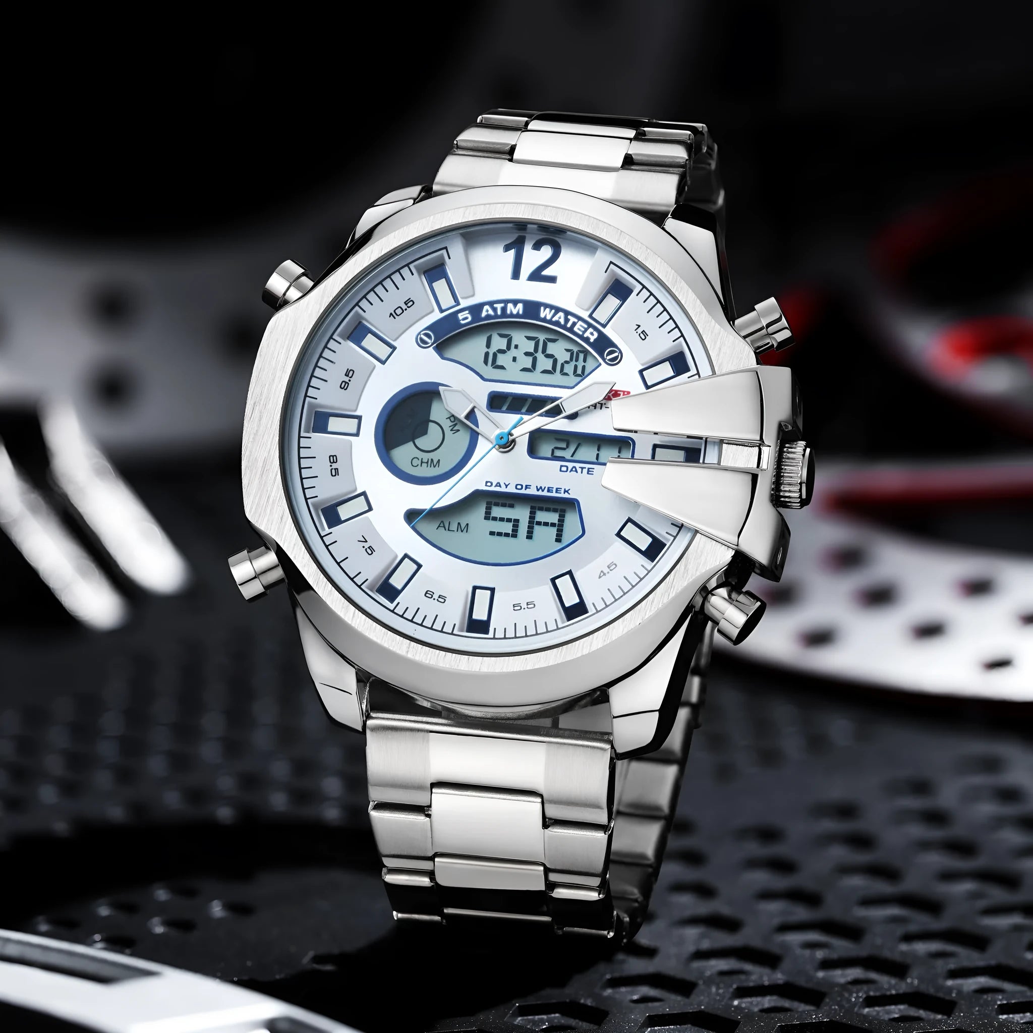 Men's dual display alarm LED sports watch with 55mm round mineral glass dial and stainless steel strap, black colour