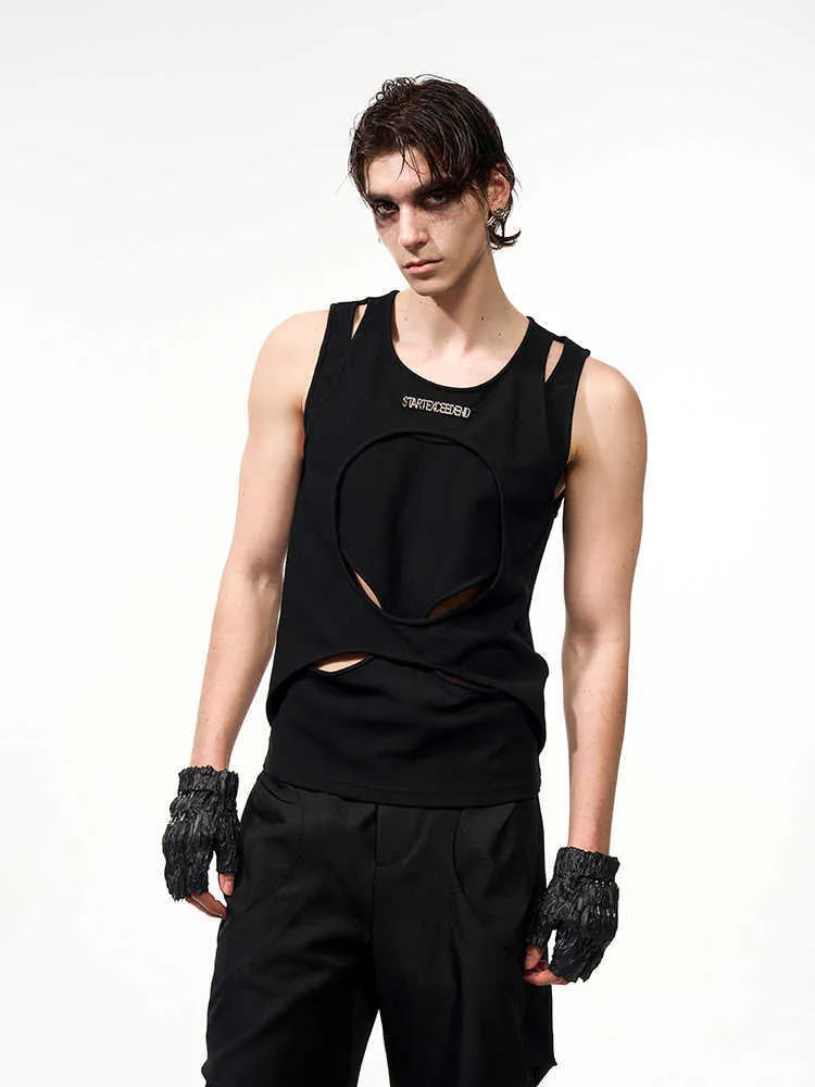 Men's sleeveless waistcoat in hollow knit cotton thread with round neck and loose fit