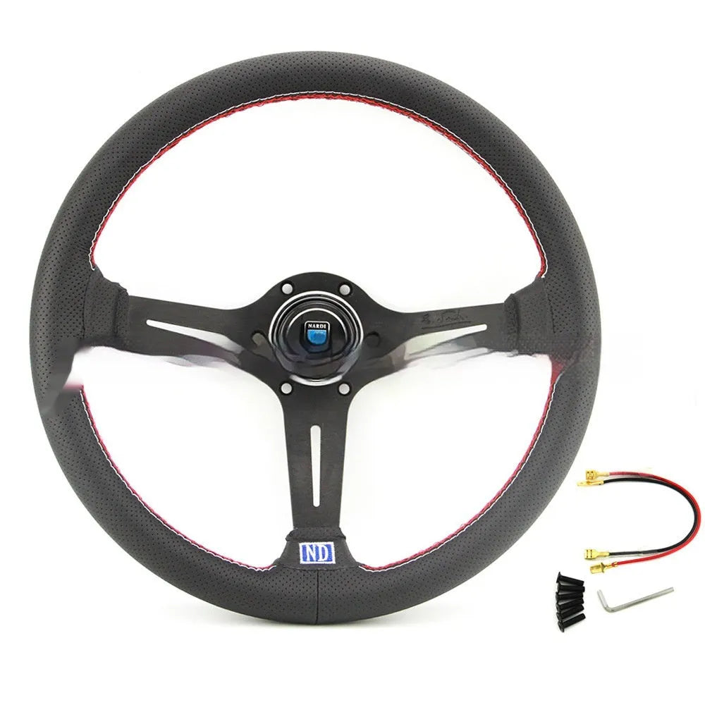 14-inch leather steering wheel with concave centre, shown with black and silver skeleton options