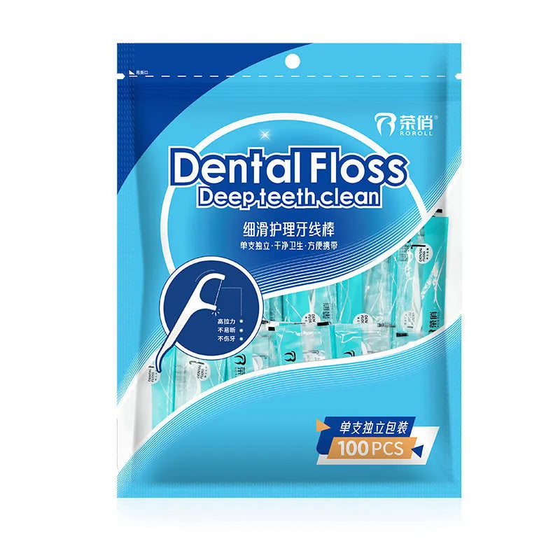 Disposable plastic dental floss bags with independent packaging, showing 100 pack offer and 180 x 238 mm size.
