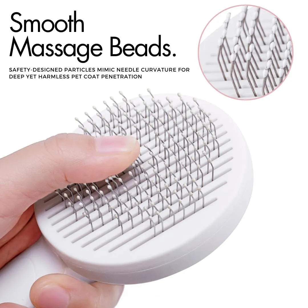 Self-cleaning pet grooming brush with stainless steel tips and blue rubber handle