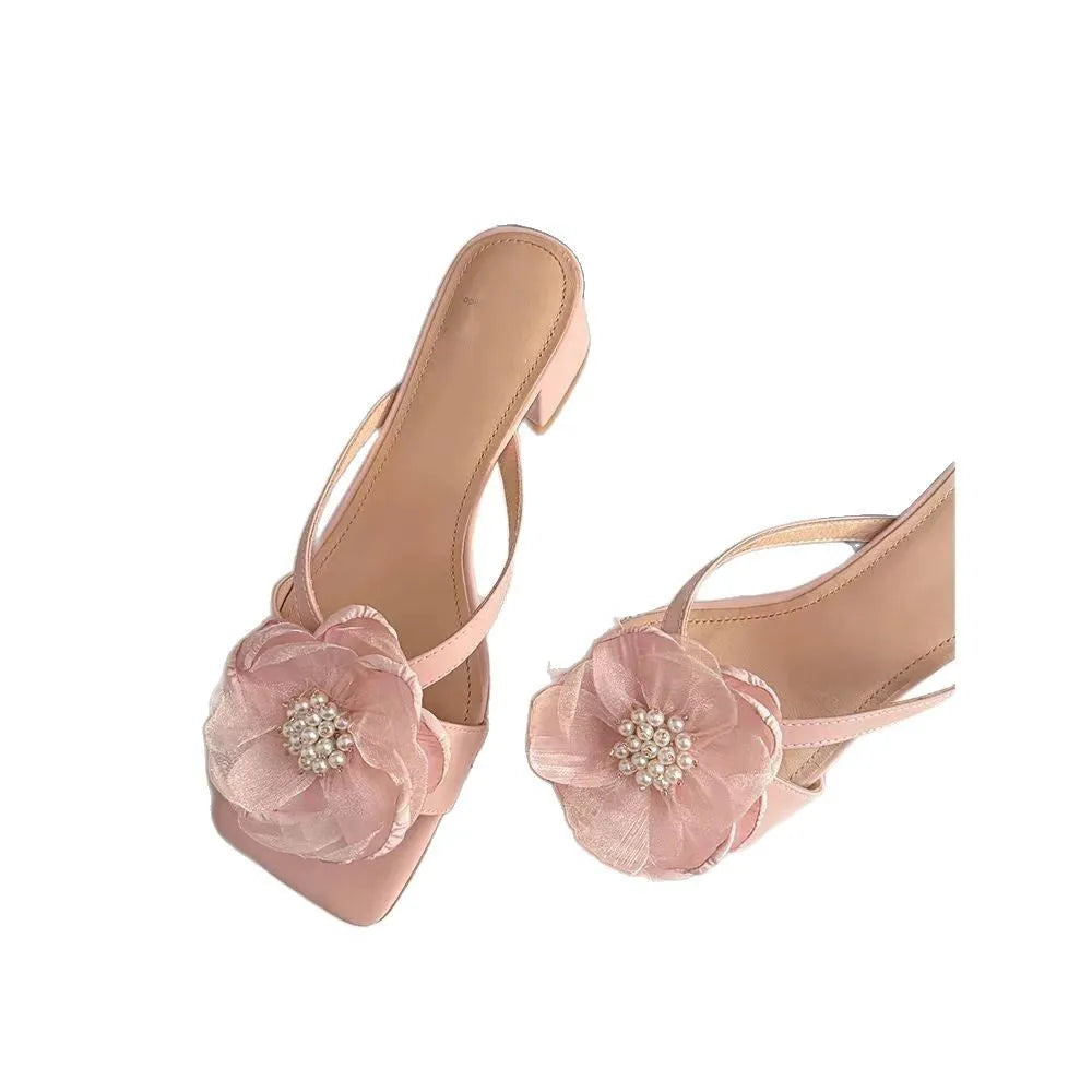 Women's cream-white satin sandals with a chunky heel, square toe, and one-line strap in Korean style.