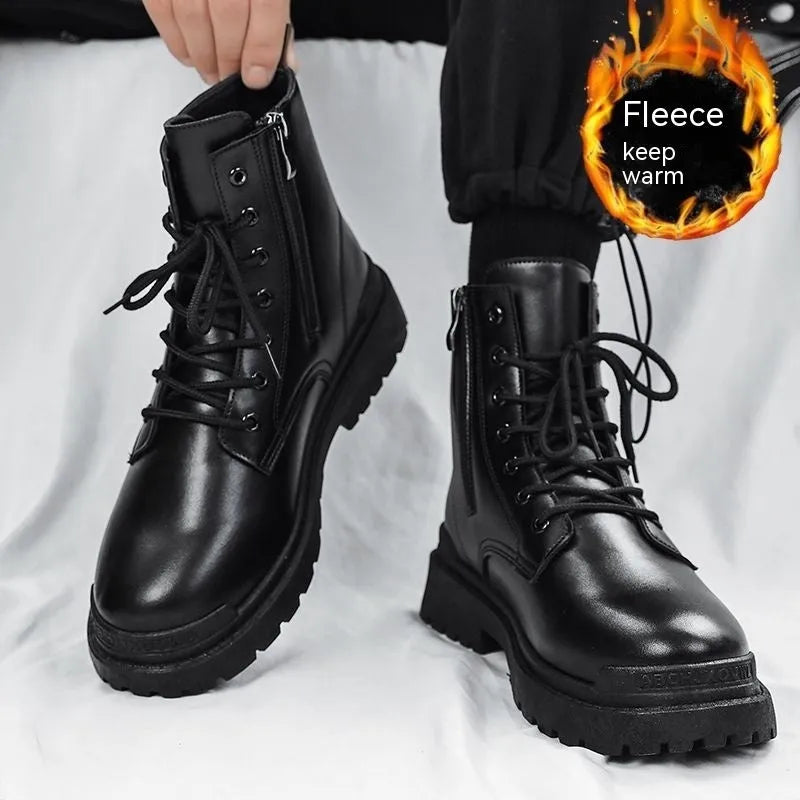 Men's black mid-top waterproof boots with flat rubber sole and PU upper
