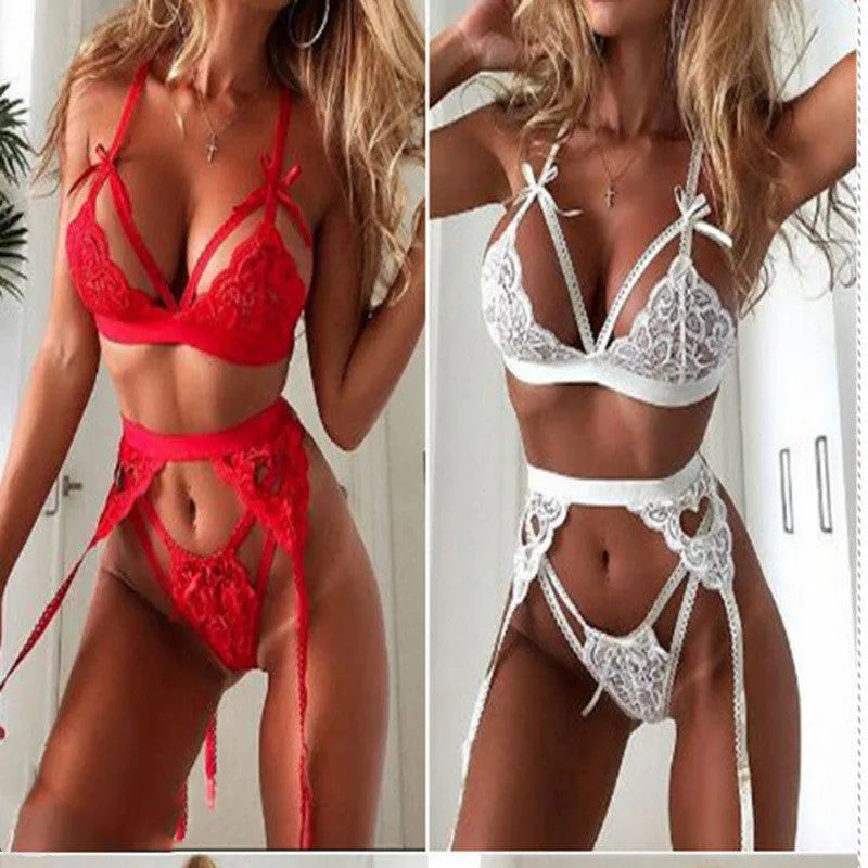 Red and white women's lace lingerie set for cosplay costumes with bra and briefs