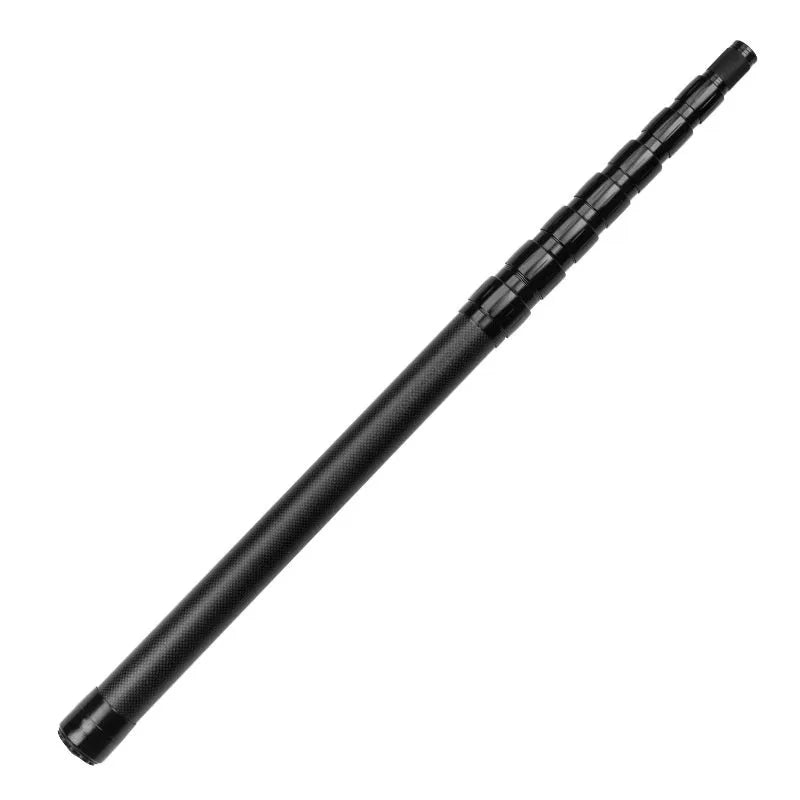 Carbon telescopic fishing rod with free orientation spool collapsed and extended views showing compact storage