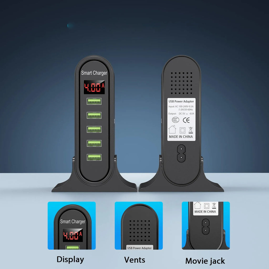 Smart LED digital display USB charger showing black and white options with EU UK US plugs