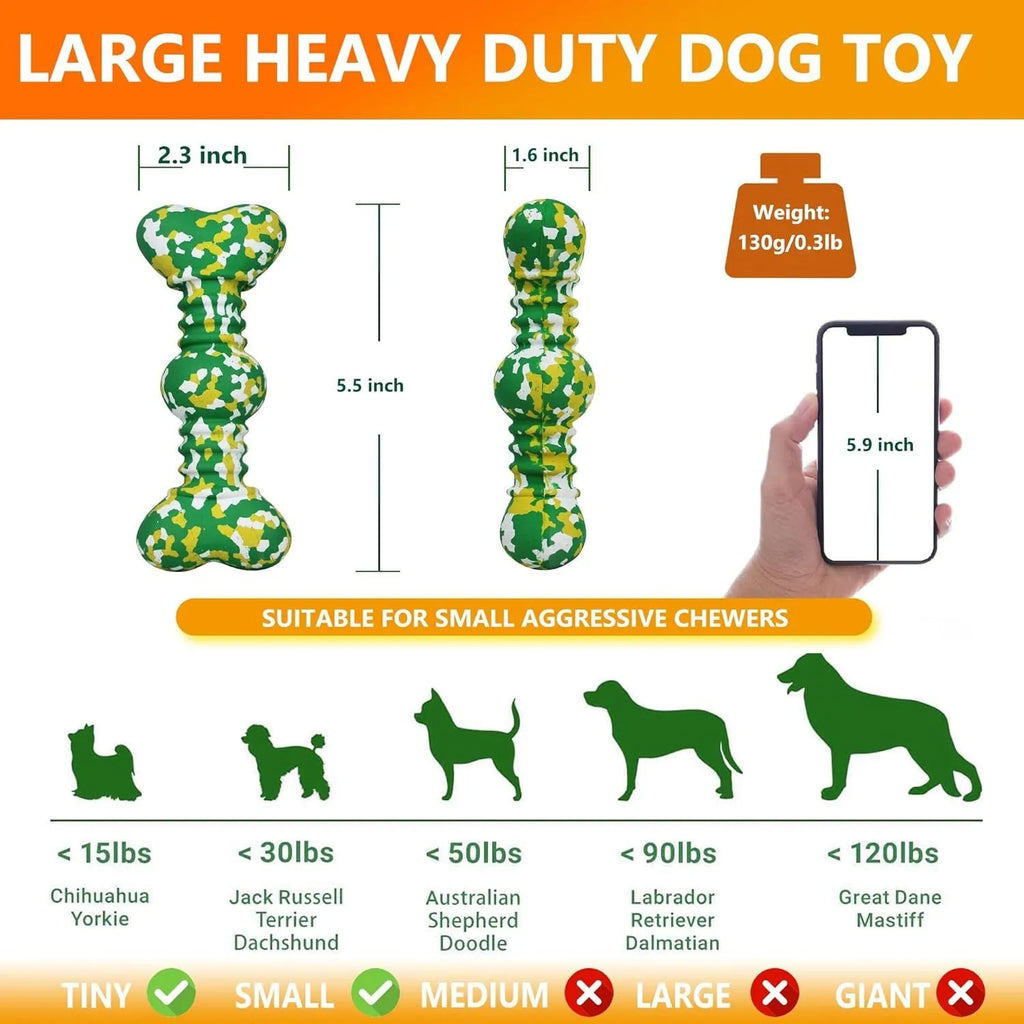 USDA Organic certified natural rubber dog chew toy in camouflage pattern, two size options for medium to large breeds