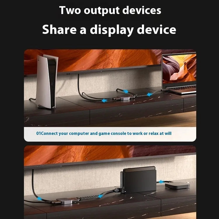 Grey metal alloy computer audio video cable splitter for TV line distribution