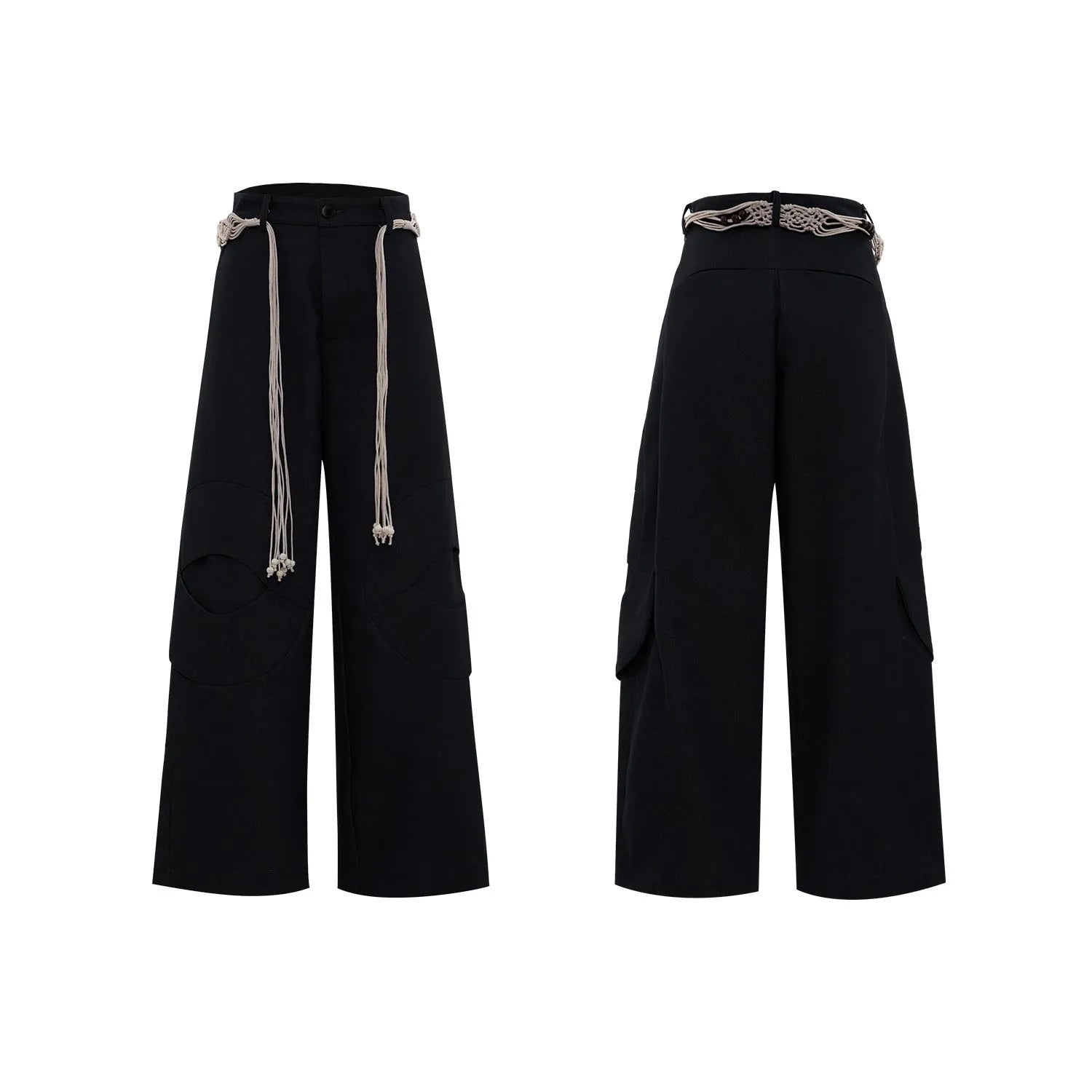 Men's dark blue straight-leg jeans with heavy 3D cutting, belt stitching, and tassel details on a loose fit.