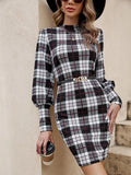 Black tight midi dress with lantern sleeves and printed design featuring leather stitching detail