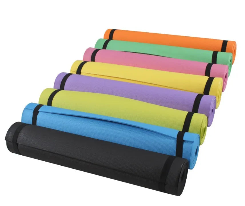 Red EVA fitness yoga mat, 173cm long, shown flat on a wooden floor.