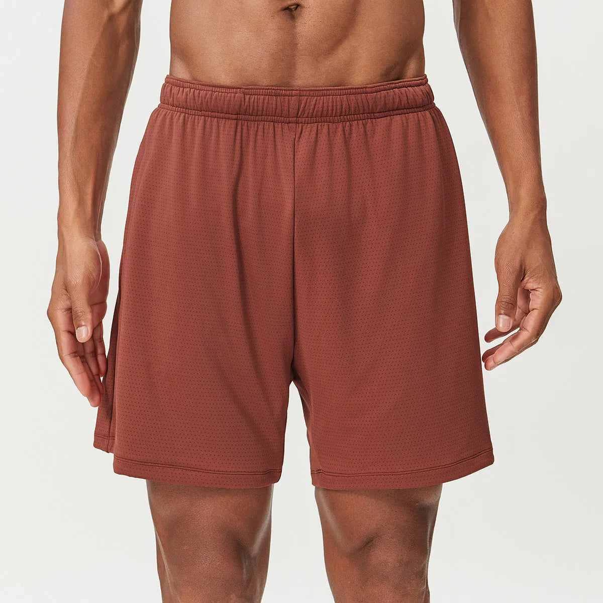 Men's double-layer running shorts in sky green colour on a mannequin, showing mid-waist and shorts length.