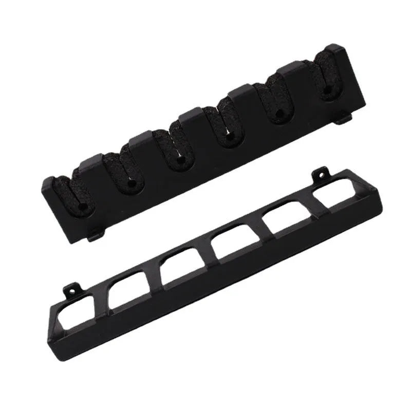 Black ABS plastic wall-mounted fishing rod holder in horizontal and upright frame styles