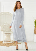 Women's loose black lantern dress with lace-up crew neck and long sleeves.