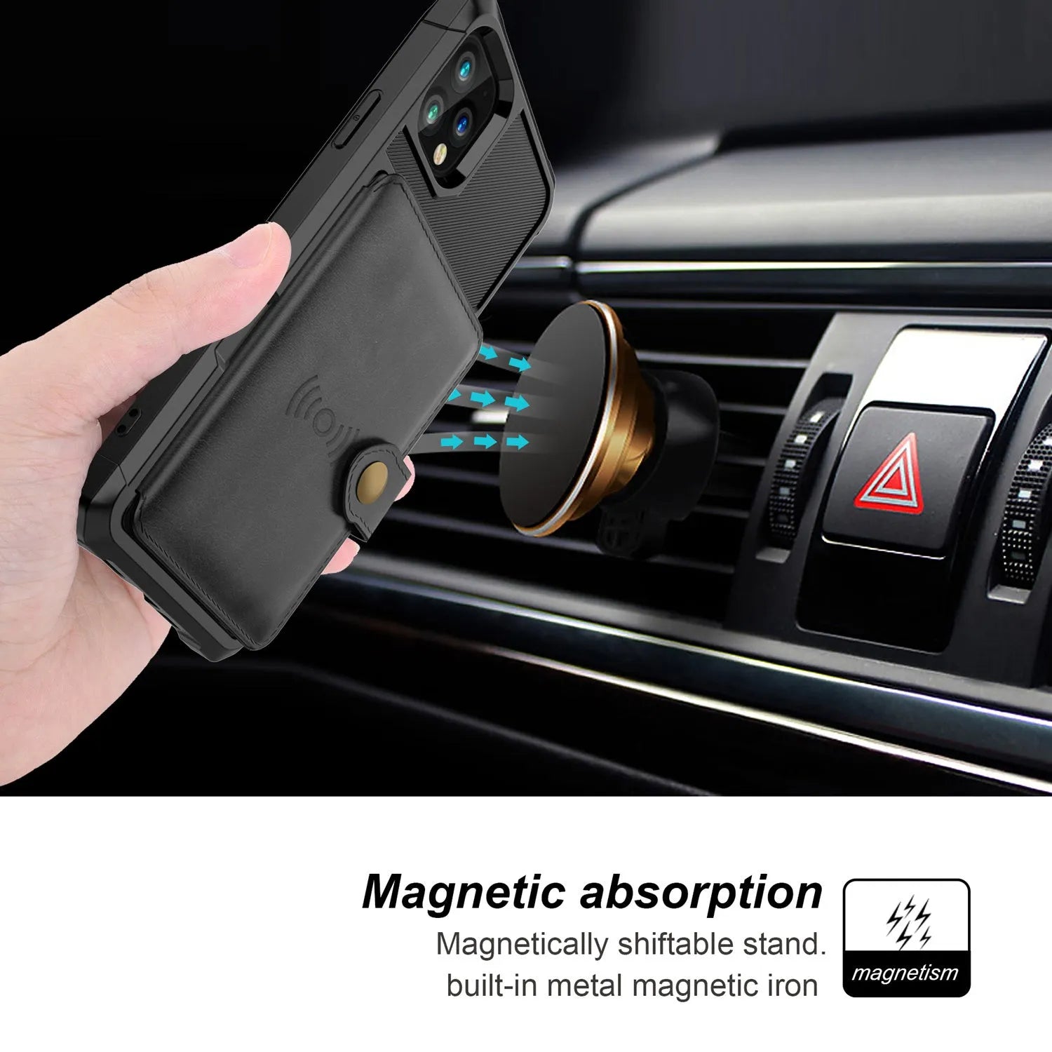 Imitation leather solid colour iPhone case with card wallet slot in black, blue, green, pink, or red.