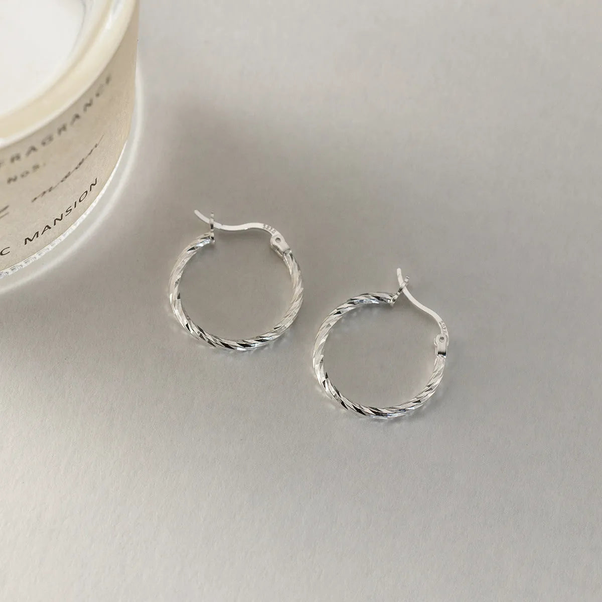 925 silver geometric round clip-on earrings with carved ring design for women Korean style