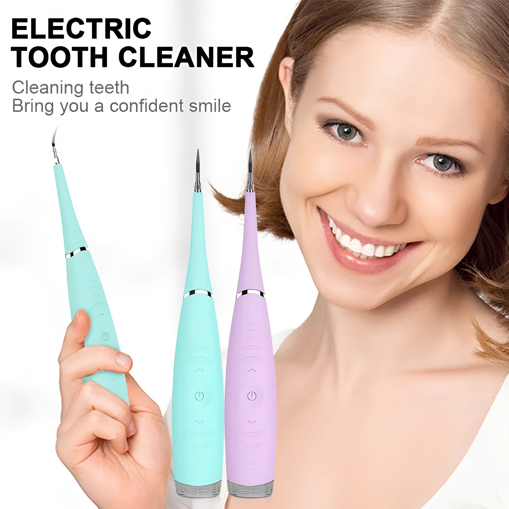 Pink and blue waterproof electric dental calculus remover tool on a white background