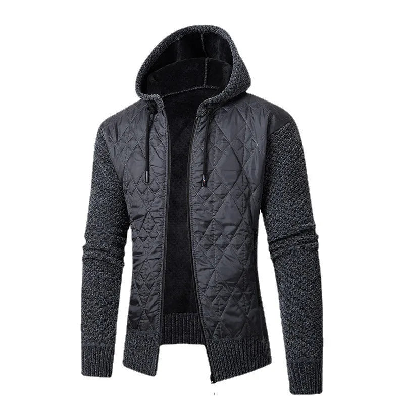 Men's grey hooded corduroy sweater coat with cinched waist and cardigan style