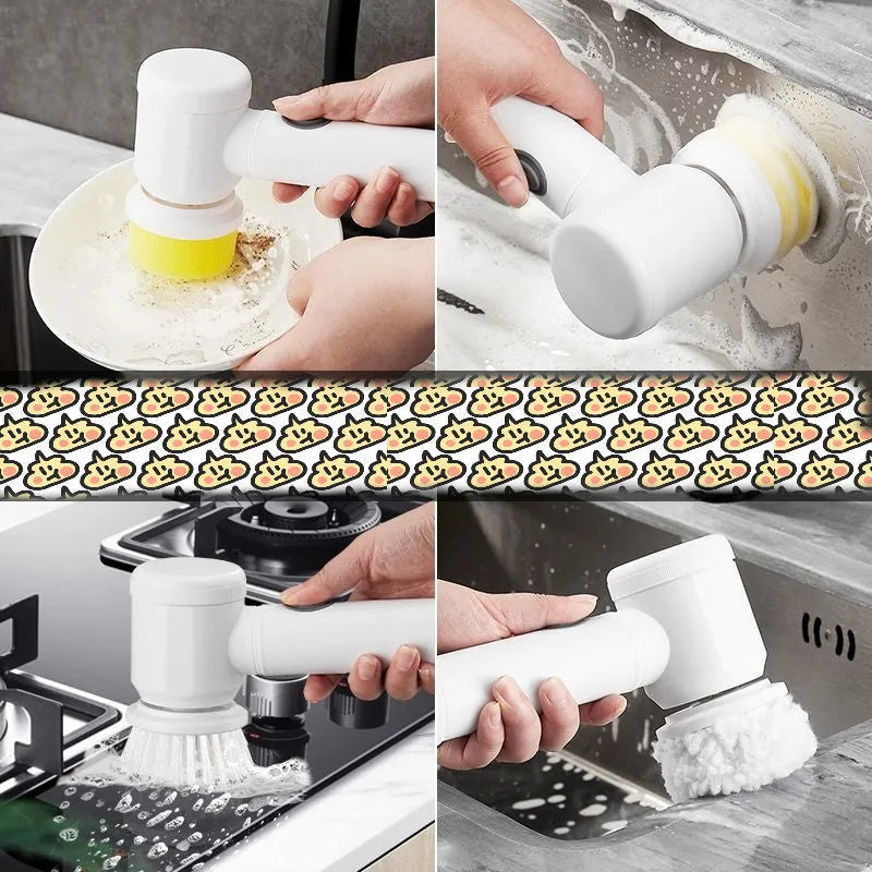 Rechargeable electric dishwashing brush with multiple replaceable brush heads and storage hook