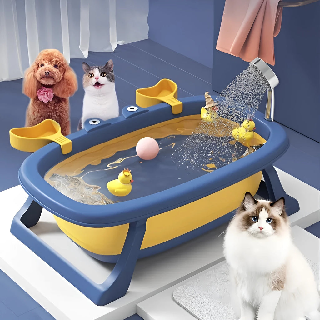 Blue foldable pet bathing tub for small animals with collapsible design