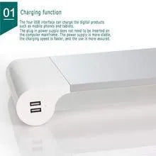 Aluminium and plastic computer monitor stand with four USB ports and hidden keyboard storage underneath