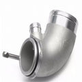 Aluminium alloy 90 degree turbo turbine elbow for lateral engine positioning automotive application