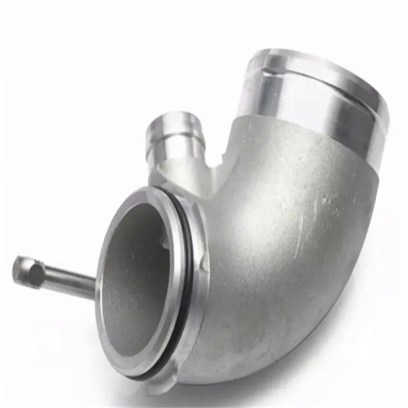 Aluminium alloy 90 degree turbo turbine elbow for lateral engine positioning automotive application