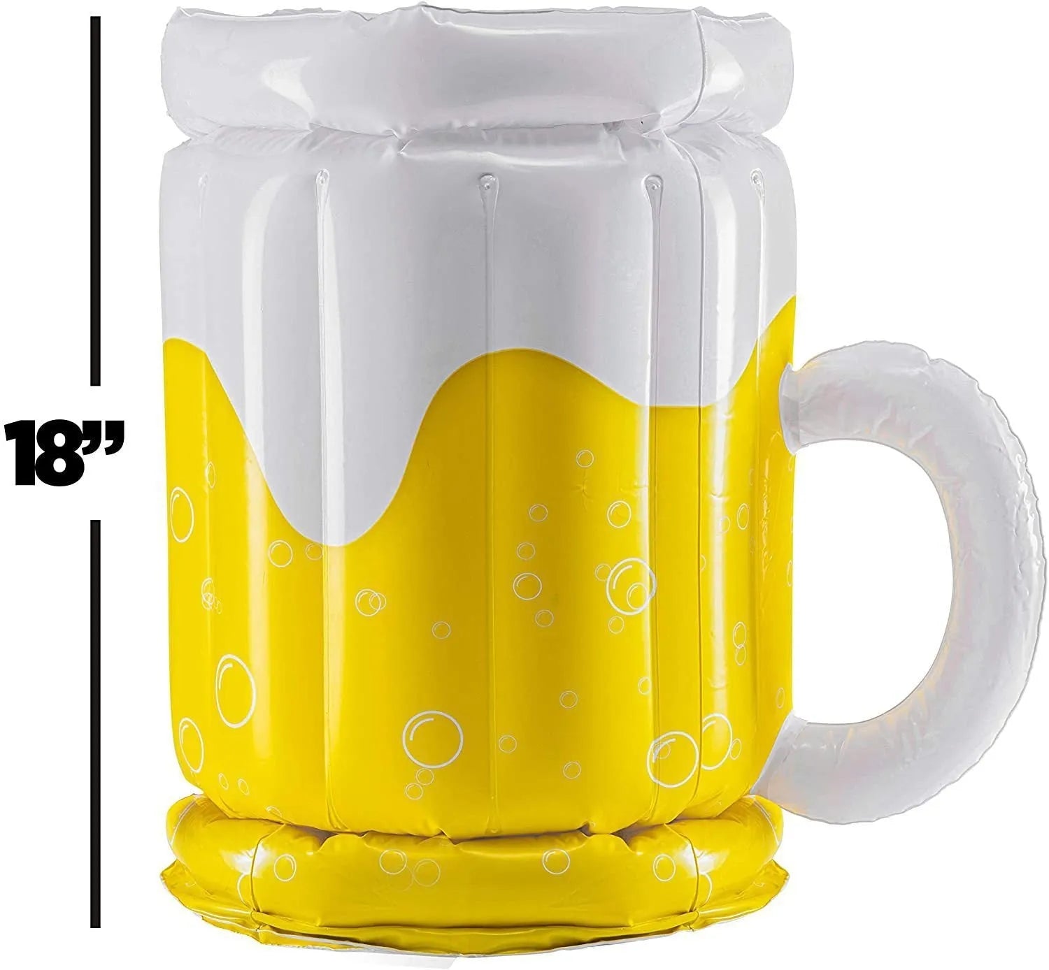 Large yellow inflatable beer mug cooler floating in a pool, showing its 44cm height and drink holders.