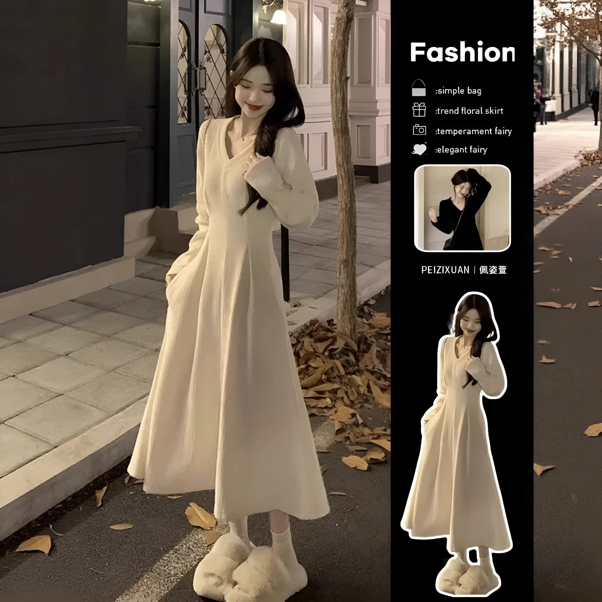 Women's long sleeveless V-neck knitted dress in milky white with a suspender skirt design.