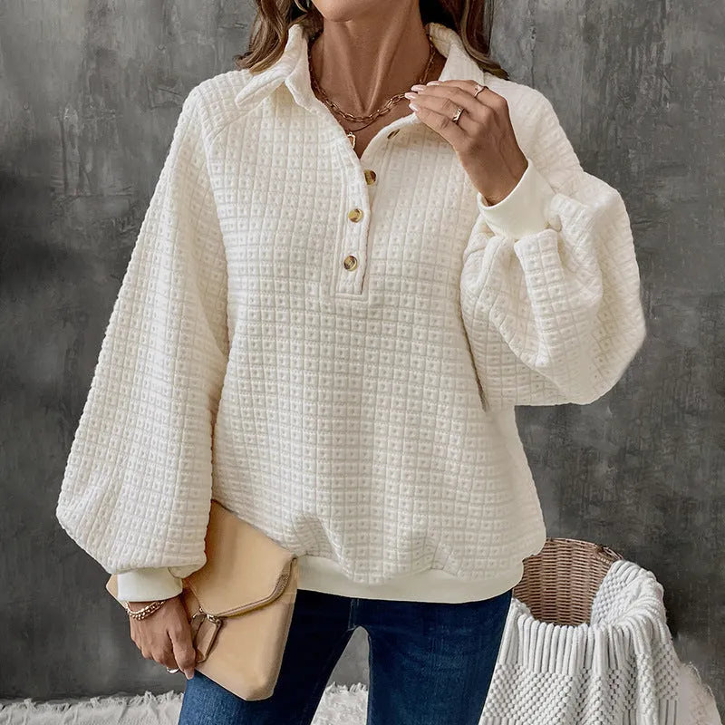 Women's textured polo collar thickened sweater in solid milky white colour