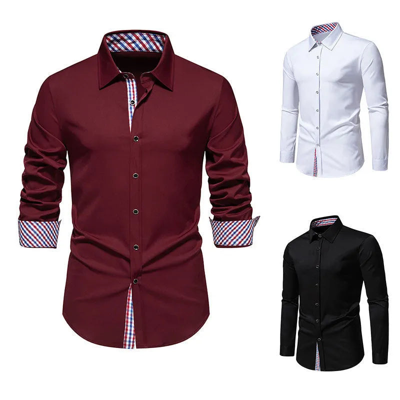 Men's loose plaid casual long-sleeved shirt in chemical fibre blend available in black, white, and wine red colours