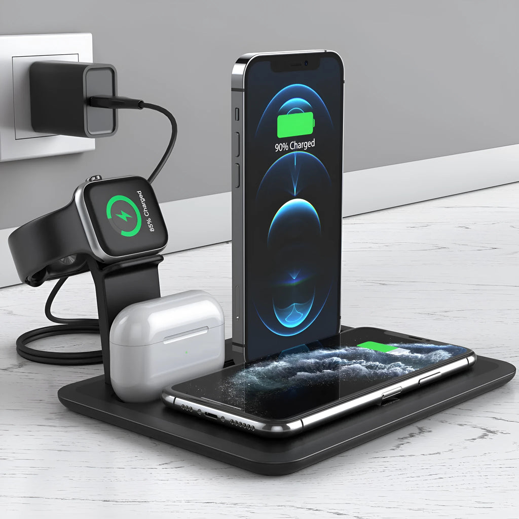 Black and white desktop wireless charging station for phone, headphones, and smartwatch with USB cable.