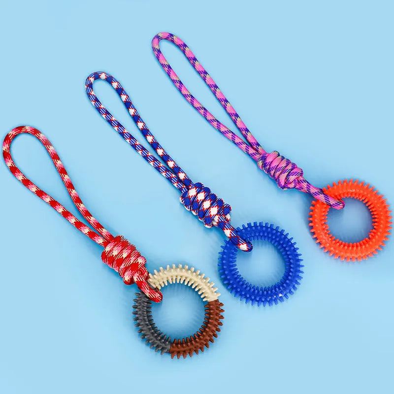 Braided rope dog chew toy with knots in blue colour, shown at 43 cm length