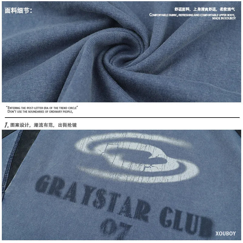 Men's blue hip hop letter print cotton t-shirt with raglan sleeves shown front view