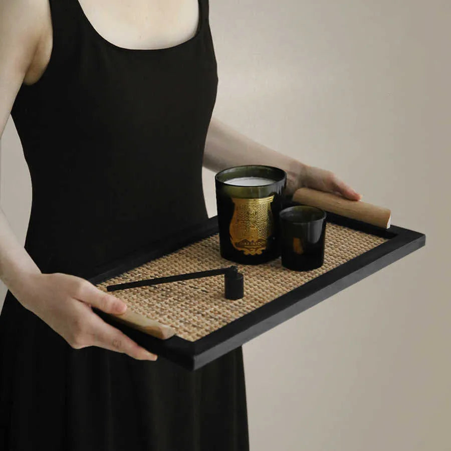 Natural pine wood dining tray with a storage compartment, shown in large and small size options.