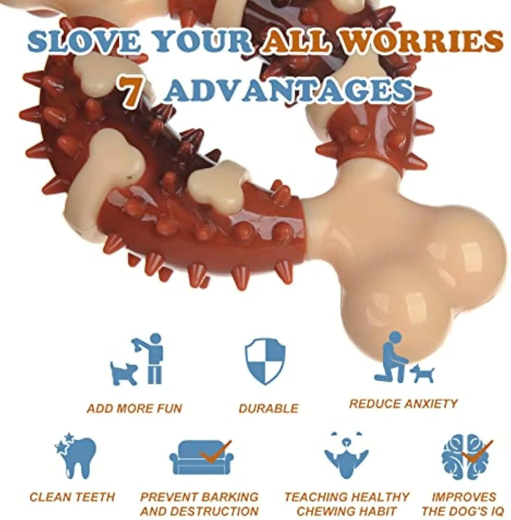 Bone-shaped natural rubber dog molar chew toy shown in two different sizes for teeth grinding.