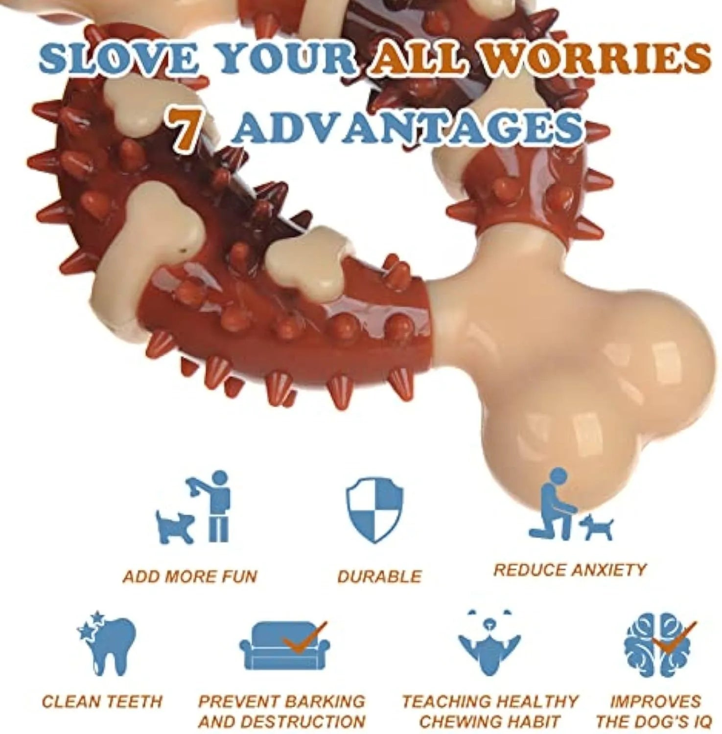 Bone-shaped natural rubber dog molar chew toy shown in two different sizes for teeth grinding.