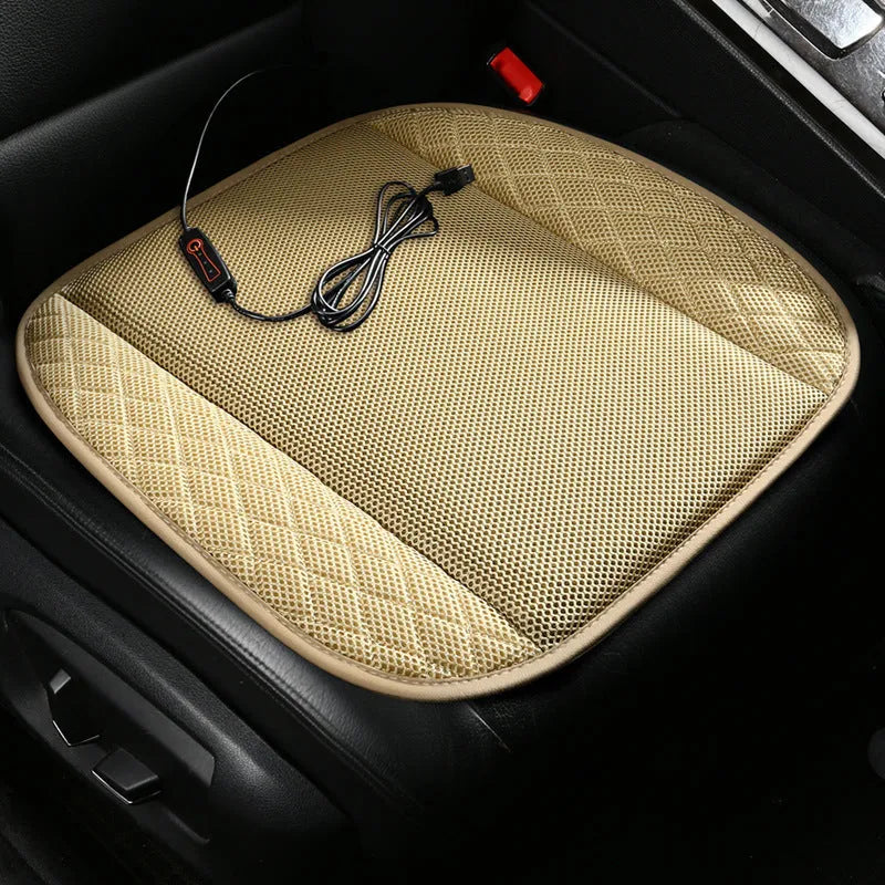 Black ventilated car seat cushion with USB cable, showing cooling fans on a 48cm by 46cm base.