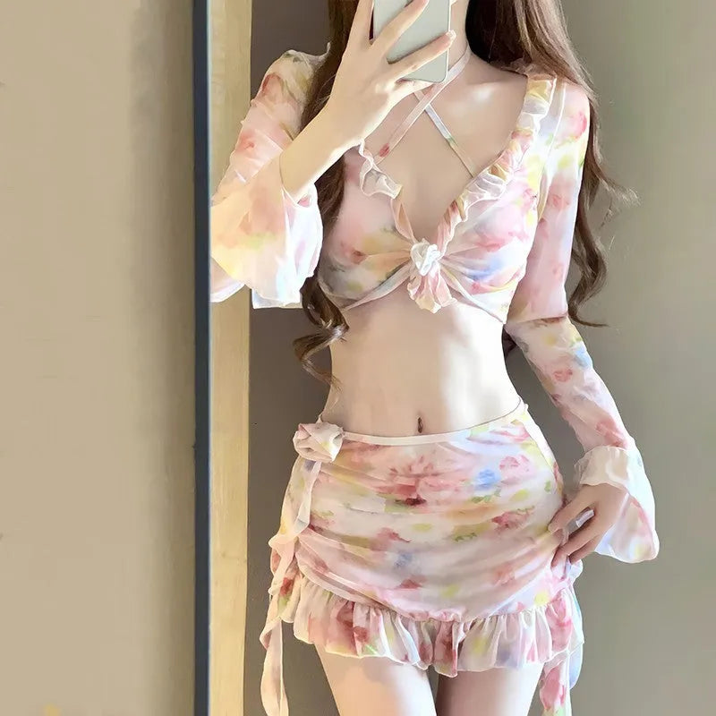 Women's floral swimsuit bikini set in cherry blossom pink with polyester fabric
