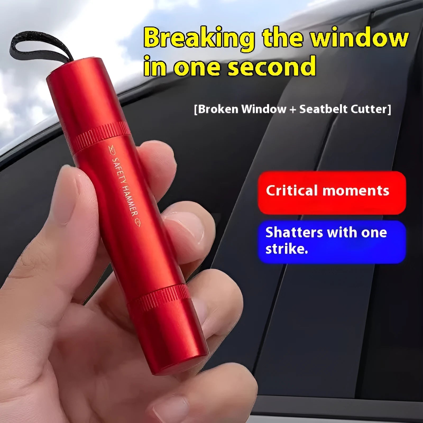 Car safety life hammer emergency tool with spring-loaded window breaker in black and red colours
