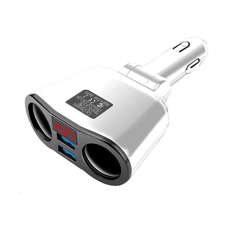 Car Bluetooth FM transmitter and fast charger plugged into a vehicle cigarette lighter socket.