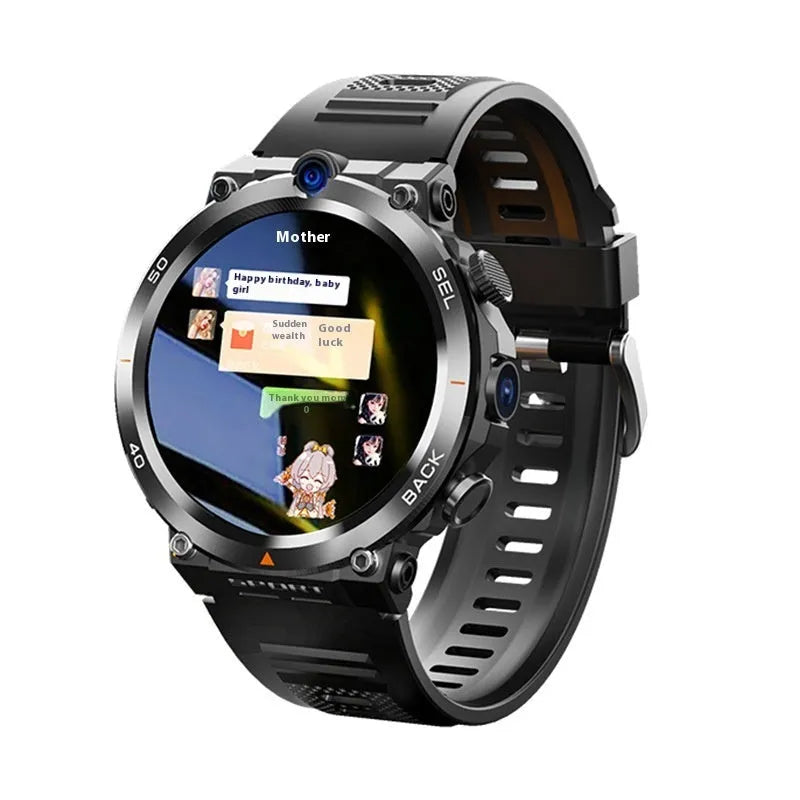 Sports smartwatch with dual cameras, touch screen, and heart rate monitoring features