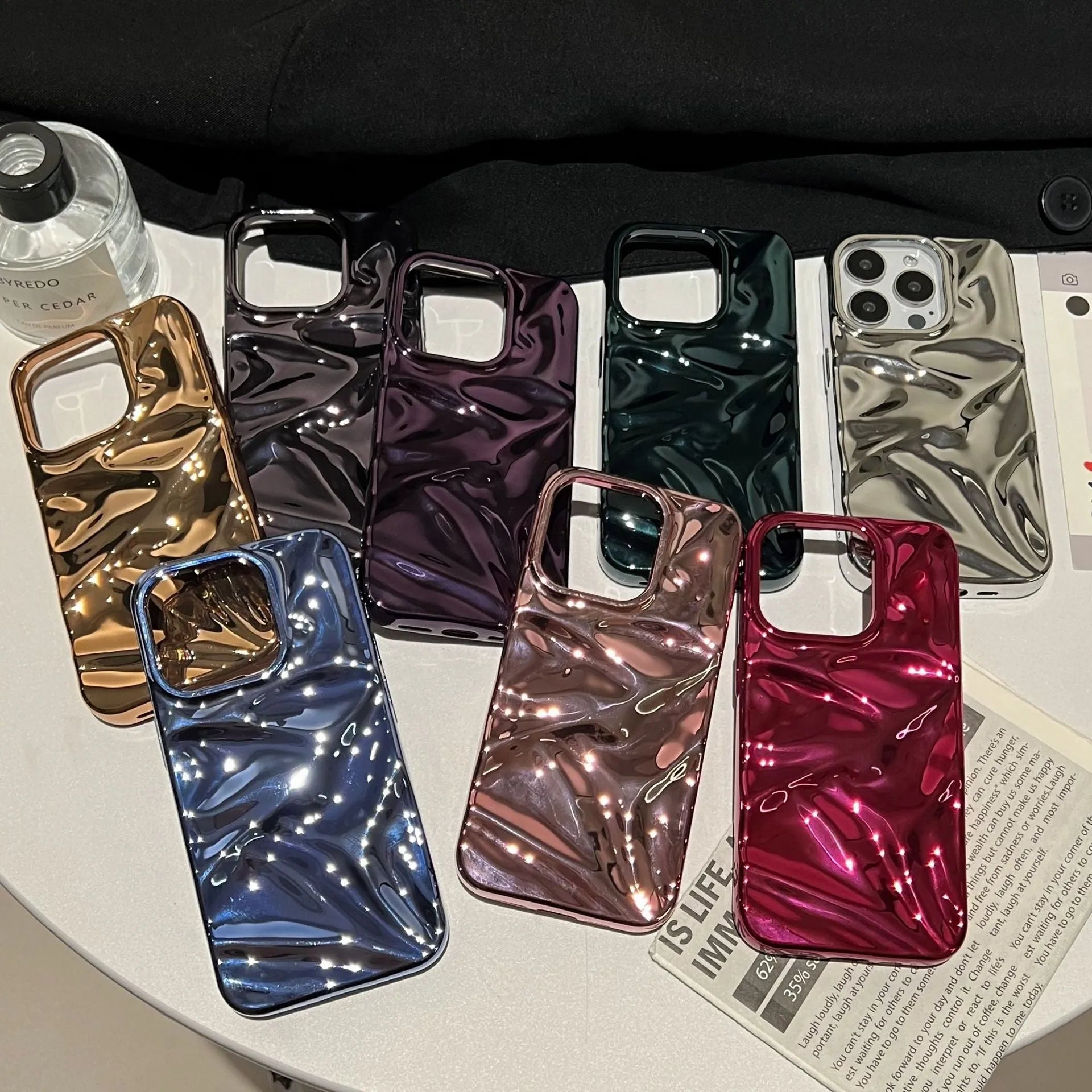 Electroplated three-dimensional pleated TPU phone case for iPhone 11–16 Pro Max in milk blue colour