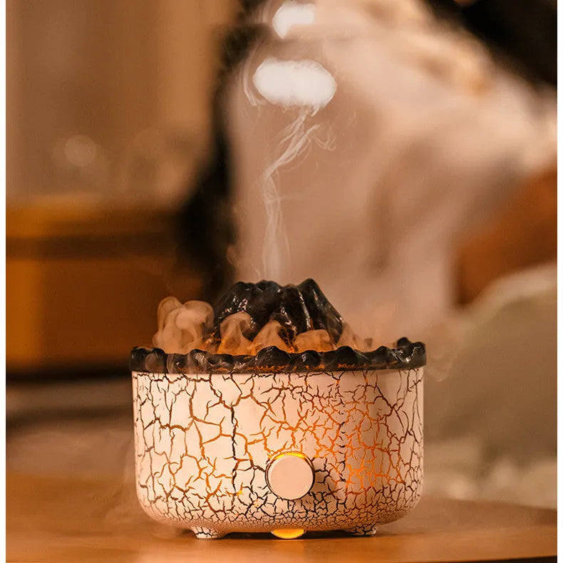 Creative column-shaped volcano humidifier diffuser with LED light flame effect and mist ring.